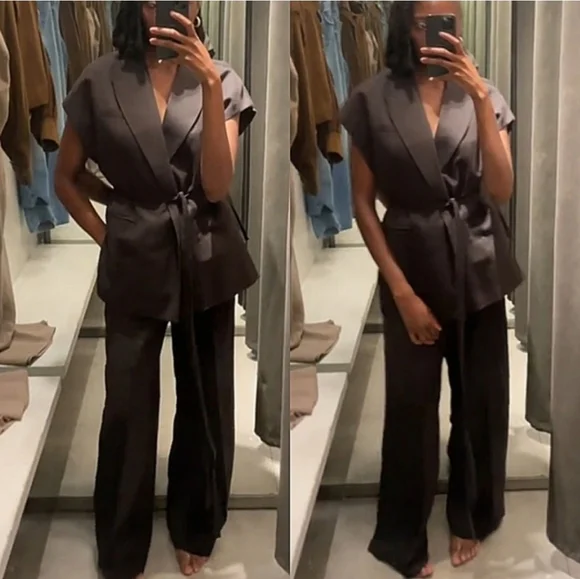 Zara Set 2 Pc Linen Blend Waistcoat Wrap Vest and Pants Brown Size S/M - Picture 8 of 15